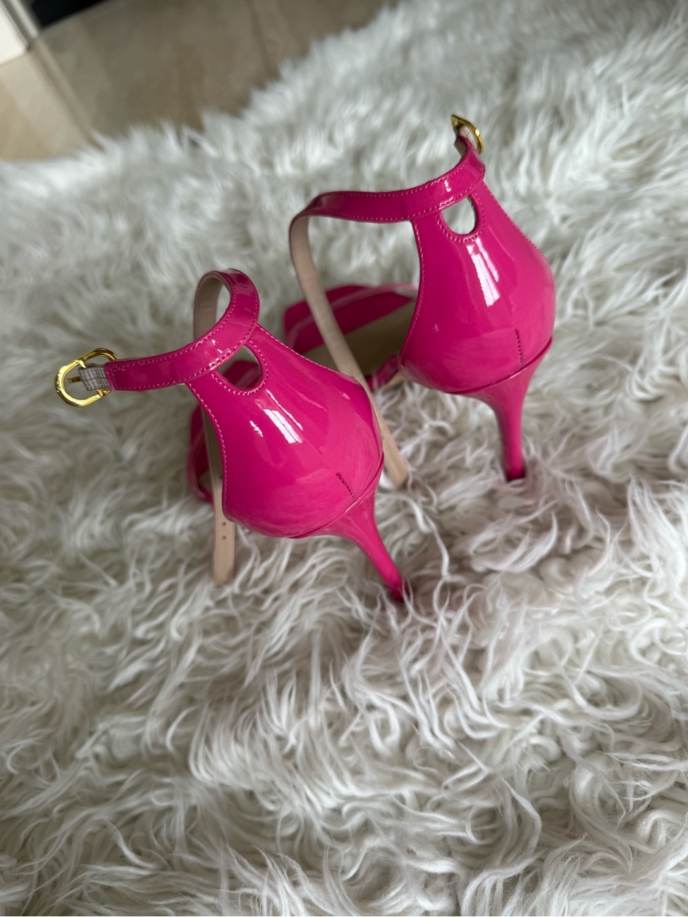Stuart Weitzman Hot Pink Patent Ankle-Strap Sandals - Picture 2 of 3